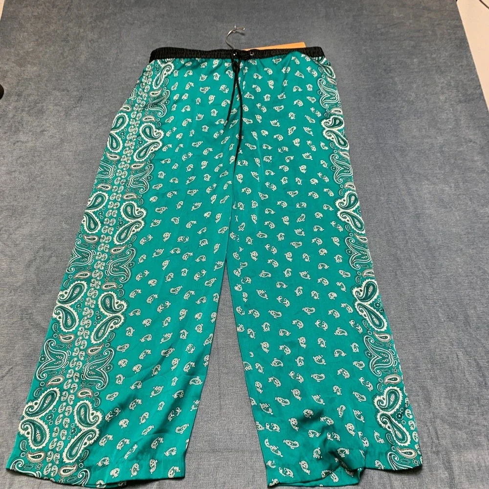 Michael Kors Wide Leg Pants Womens 14 Teal Paisley Drawstring Elastic Waist